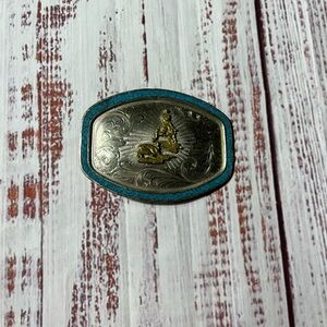 Silver and Gold Western Belt Buckle with turquoise outline